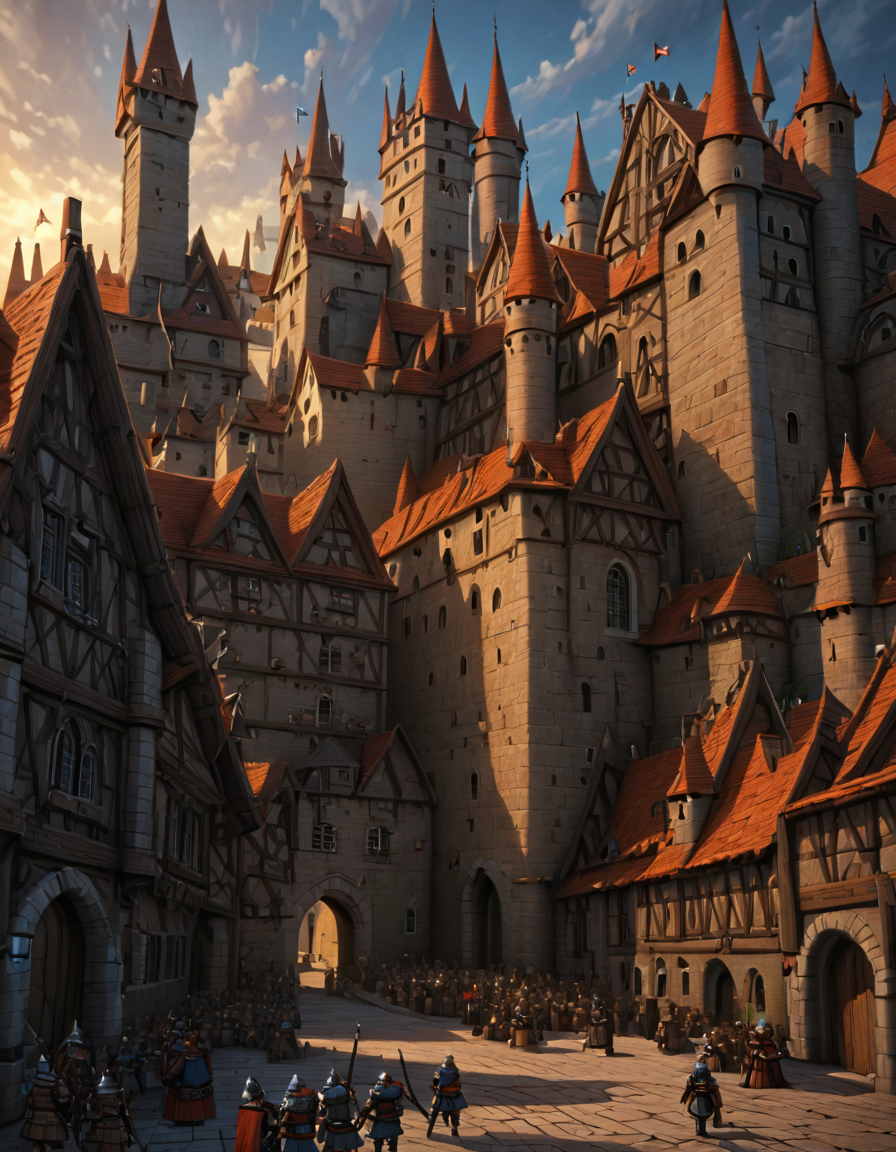 <lora:MW_Minis02xlc:1> m1md, medieval, epic, epic details, epic scale, absurdres, outdoors, medieval city, tiny knights, sky, towers,