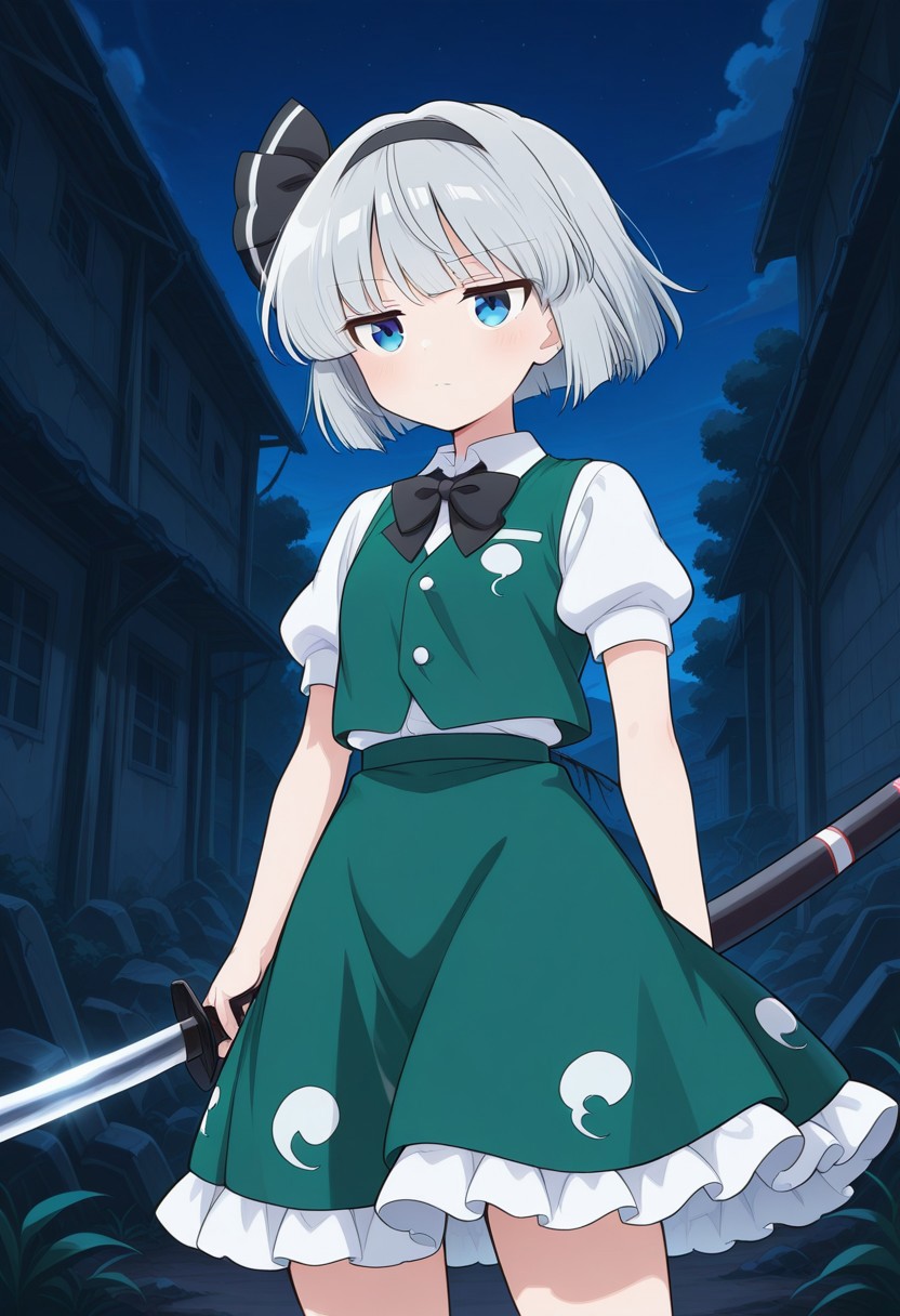 konpaku youmu, 1girl, solo, blue eyes, grey hair, short hair, black hairband, hair bow, black bow, black bowtie, white shirt, collared shirt, puffy short sleeves, green vest, green skirt, frilled skirt, adjusting, bowtie, holding hilt, jitome, serious, outdoors, city ruins, standing, cowboy shot, night,