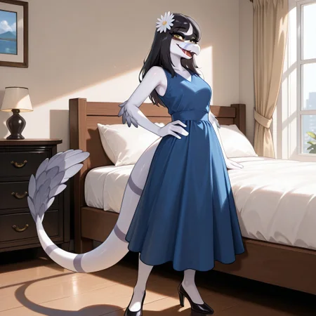 1girl, highres, absurdres, newest, masterpiece, best quality, furry, furry_female, Lunara_iwhtg, bambiraptor, double gray striped snout, black mask eye marking, black hair, white flower hair ornament, feathered arms, snout, long snout, white skin, tail, feathered tail tip, gray striped tail, yellow eyes, (blue dress, sleeveless blue dress:1.2), black high heels, anthro, detailed eyes, (standing, hand on hip), open_mouth, open mouth smile, luxurious detailed room, bright room, day scene, professional lighting, white bed, solo, bedroom, smiling, seductive, looking_at_viewer, masterpiece, close up, safe