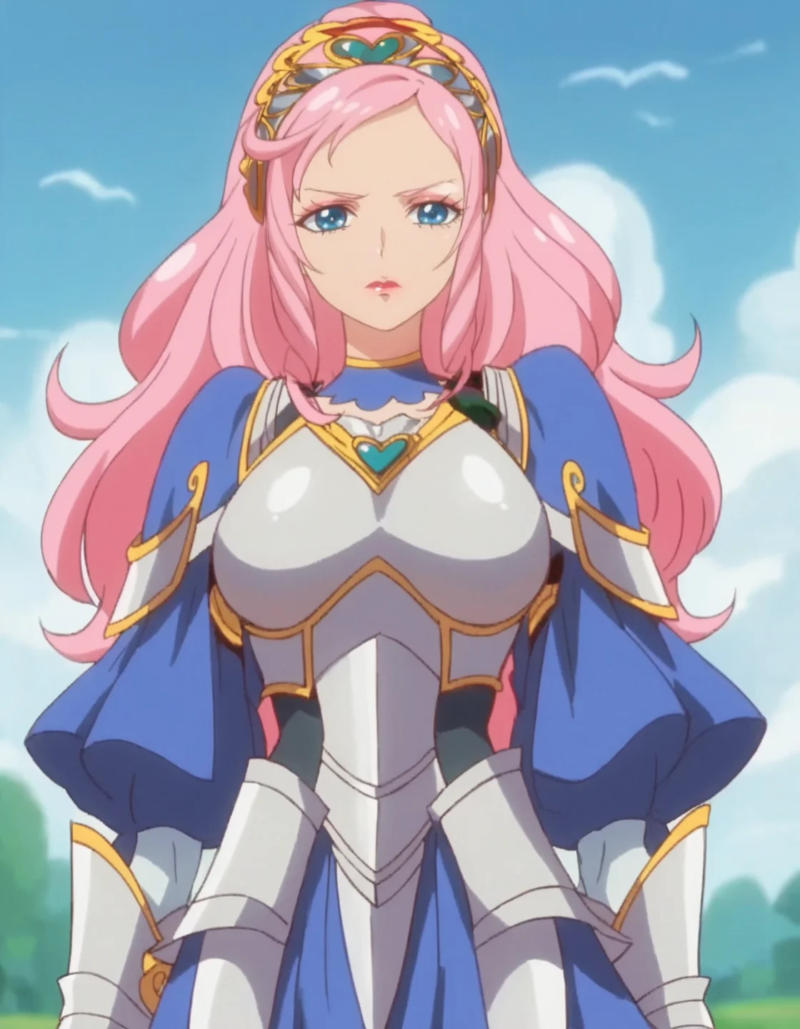 score_9, score_8_up, score_7_up,anime screencap,1girl,solo,marieanje,  armor, armored dress,serious,makeup,looking at viewer, lipstick, hairband, choker, jewelry, brooch,cowboy shot,large breasts<lora:marieange:0.8>