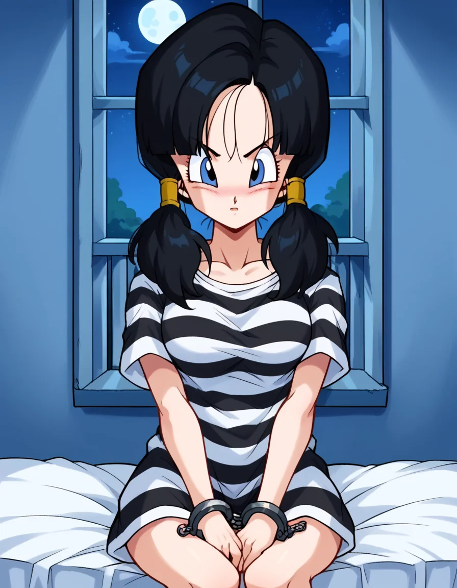 score_9, score_8_up, score_7_up, source_anime, <lora:dbz-videl-anime-ponyxl-lora-nochekaiser:1>, videl, black hair, blue eyes, eyelashes, parted bangs, twintails, medium breasts,, <lora:prison-clothes-ponyxl-lora-nochekaiser:1> prison clothes, prisoner, prison cell, prison, striped shirt, shackles, handcuffs, chain,, sitting, on bed, looking at viewer, blush, night, moon, moonlight, night sky, window, three quarter view, cowboy shot,