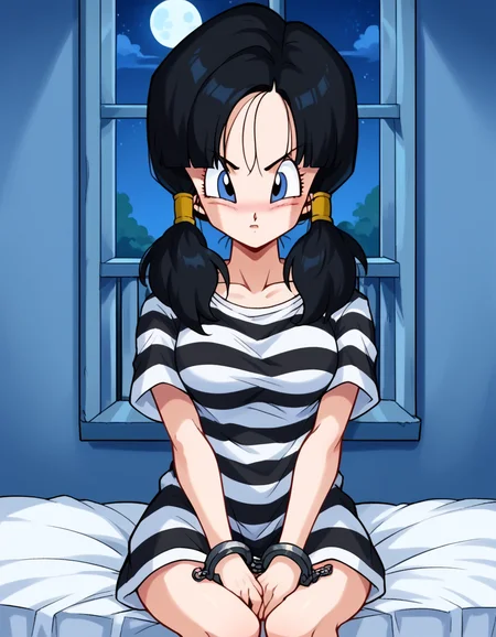 score_9, score_8_up, score_7_up, source_anime, <lora:dbz-videl-anime-ponyxl-lora-nochekaiser:1>, videl, black hair, blue eyes, eyelashes, parted bangs, twintails, medium breasts,, <lora:prison-clothes-ponyxl-lora-nochekaiser:1> prison clothes, prisoner, prison cell, prison, striped shirt, shackles, handcuffs, chain,, sitting, on bed, looking at viewer, blush, night, moon, moonlight, night sky, window, three quarter view, cowboy shot,