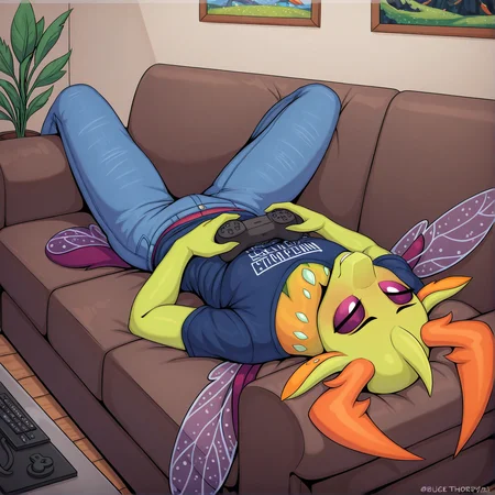 masterpiece, best quality, newest, absurd res, hi res, anthro, solo,
changeling, male, king thorax, insect wings, blue t-shirt, jeans, lying on back, front view, playing, gamepad, lying on sofa, living room
[mricantdraw|czubox|swaybat|kuroran|phenya|dripponi] 
<lora:King_Thorax:1>