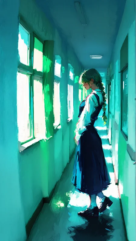 masterpiece, newest,absurdres,incredibly absurdres, best quality, amazing quality, very aesthetic, painterly, volumetric lighting,  bolt green hue, (overexposure:1.3), 
1girl, hallway, pinafore dress,blonde, braided ponytail, window, blue wall, white wall, notice board, arched back, long shadow, 
<lora:Elegence_Niji:1> 3l3ganc3 <lora:Lifeline_Illu_Edition:1> LL-Illu <lora:fuyumur4s4ki_style:0.6> fuyumur4s4ki_illu