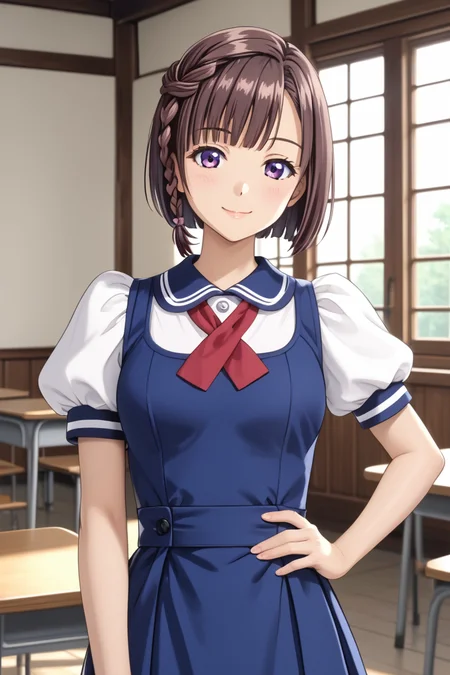 in monastery, (hand on waist, kimura manatsu, short hair, skirt, brown hair, shirt, single side braid hair, bob-cut, standing, school uniform, standing, purple eyes, white shirt, short sleeves, (blue pinafore dress), puffy sleeves, indoors, cowboy shot) 1girl, best quality, cowboy shot, seductive smile, Overall Detail, (slim, looking at viewer, young-adult), large breast, Fix hand <lora:Kimura_Manatsu_ATSK_Pony:1>