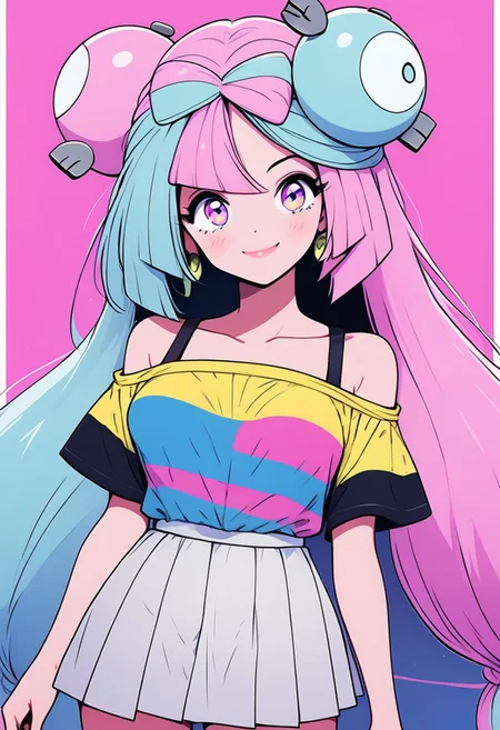 score_9, score_8_up, score_8, medium breasts, (curvy), cute, eyelashes,       
BREAK, 
zzionopokemon, solo, 1girl,  long hair, pink eyes, blue hair, pink hair, light blue hair, multicolored hair, bow-shaped hair,
BREAK,
smile, 1girl, solo, looking at viewer, blush, short hair, bangs, blue eyes, skirt, shirt, bare shoulders, jewelry, collarbone, short sleeves, grey hair, cowboy shot, pleated skirt, earrings, striped, off shoulder, makeup, white skirt, off-shoulder shirt, shirt tucked in, multicolored shirt,
zPDXL,