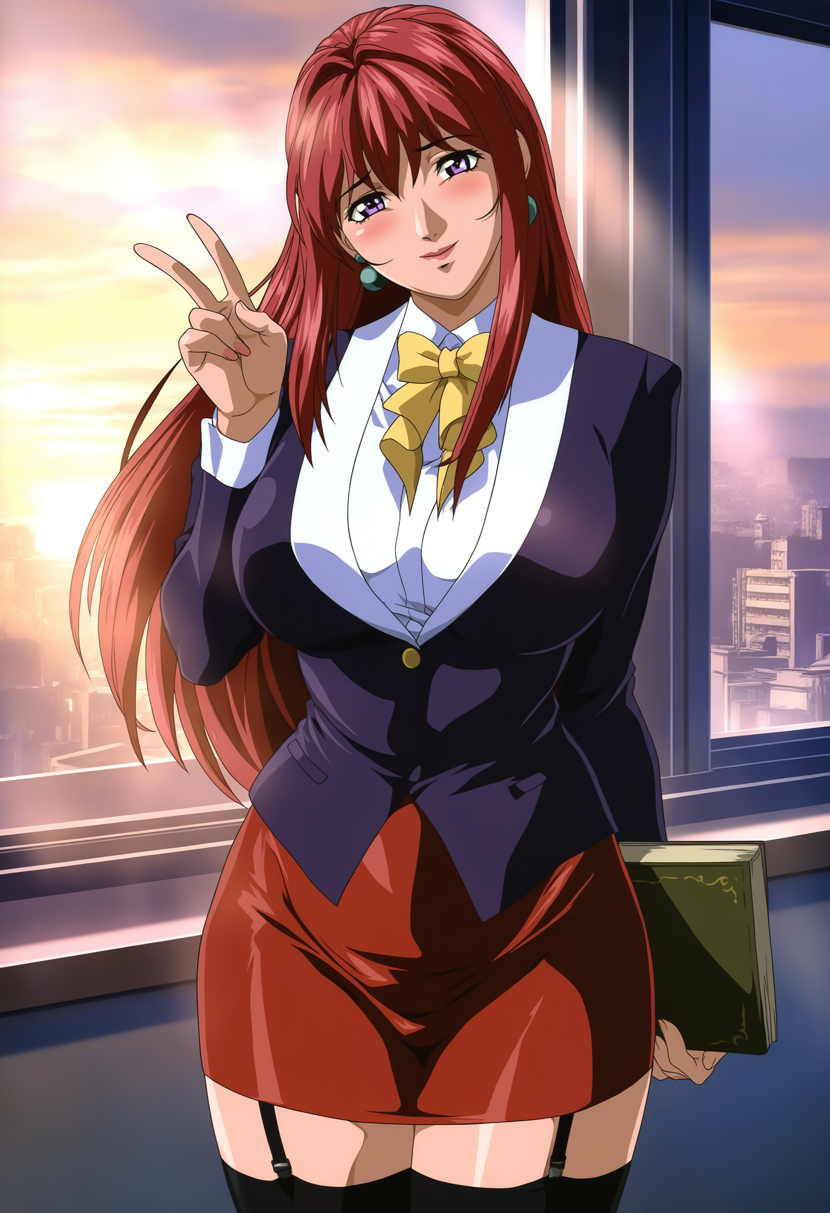 masterpiece, good quality, best quality, absurdres, highres, very awa, bloom, shadow,
takashiro hiroko, 1girl, mature female, solo, holding book, cowboy shot,  hand up, V,
looking at viewer, smile, blush, head tilt,
purple eyes, long hair, red hair, earrings,
blouse, bowtie, blazer, red skirt, taut skirt, black thighhighs, garter straps,
curvy, large breasts,
school, window, sky, sunlight, city, complex background, sunset,
<lora:Takashiro Hiroko 3216 NoobAIXL Vpred:1> <lora:noobai_ep11_stabilizer_v0.138_fp16:0.4>