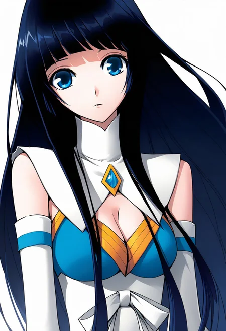 masterpiece, best quality, white background
BREAK
cowboy shot, upper body,
古薰儿, 1girl, long hair, solo, blue eyes, breasts, black hair, cleavage