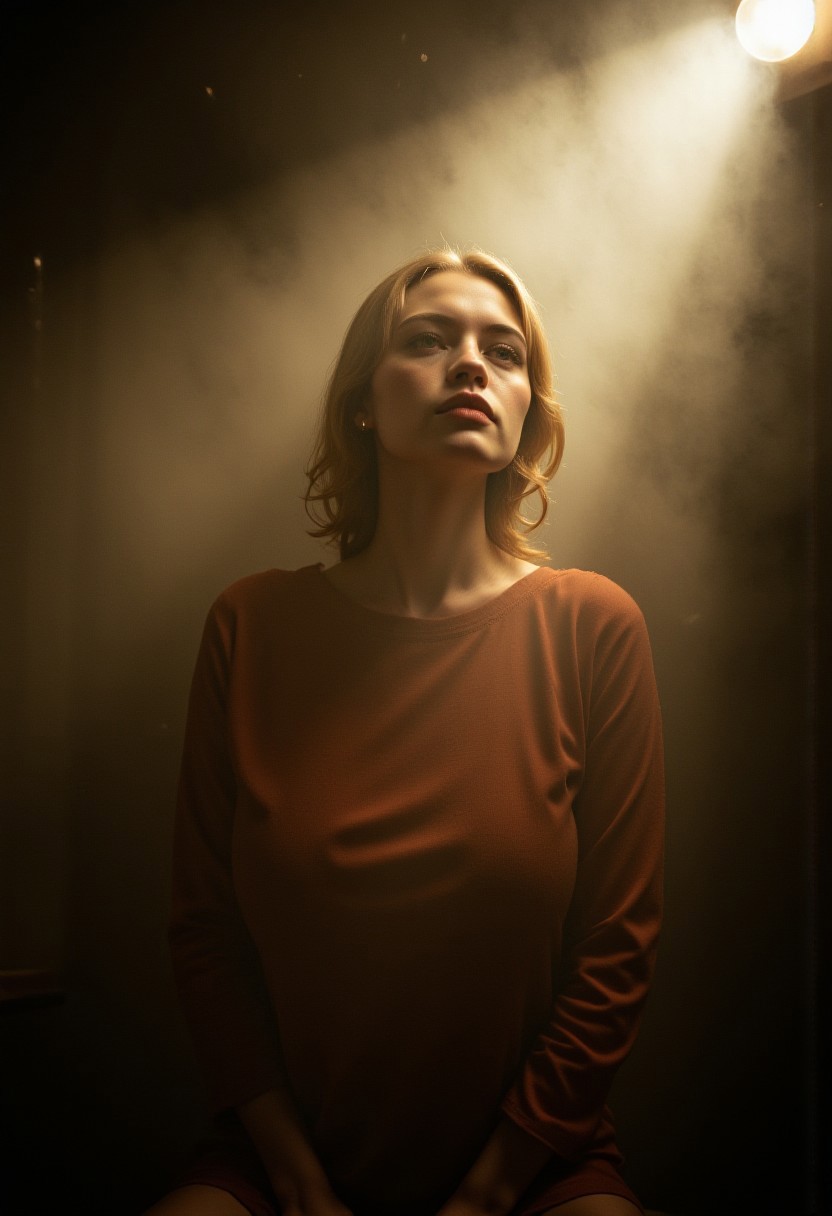 A portrait photograph of Guin. The atmosphere is a dramatic and moody. It is shot in a low-key, high-contrast style, with the primary light source casting a warm white glow on her face, creating deep shadows and highlighting her features. n30nfilm, dust in the air, lights and shadows roam through room creating the feeling of freedom,