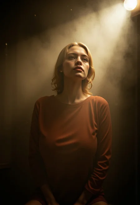 A portrait photograph of Guin. The atmosphere is a dramatic and moody. It is shot in a low-key, high-contrast style, with the primary light source casting a warm white glow on her face, creating deep shadows and highlighting her features. n30nfilm, dust in the air, lights and shadows roam through room creating the feeling of freedom,