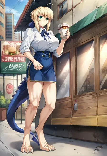 anatomicaly correct body, Score_9, score_8_up, score_7_up, score_6_up, score_5_up, score_4_up,  source_anime, 1girl, solo, standing, tall female, mature female, BREAK, <lora:saber_classic-12:0.8>, artoria_pendragon, 1girl, solo, blonde hair, ribbon, hair ribbon, braid, ahoge, anime coloring, artoria pendragon (fate), saber, shirt, skirt, masterpiece, best quality, very aesthetic, huge breasts, digitigrade, scaly  legs, long pointy ears, thick tail, long tail, dragon tail, 3 digits in feet, clawed feet, vicious claws, muscular female, smile, BREAK, burger,food on face,ahoge,ice coffee,eating,outdoors,nature,street,city,ice cube,dense,closed mouth