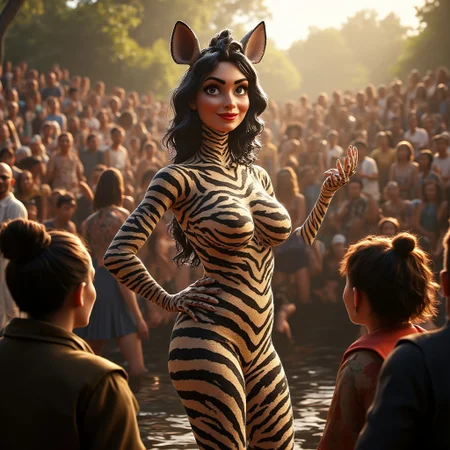 Anthropomorphic zebra women standing in a crowd, hourglass shape,curvy