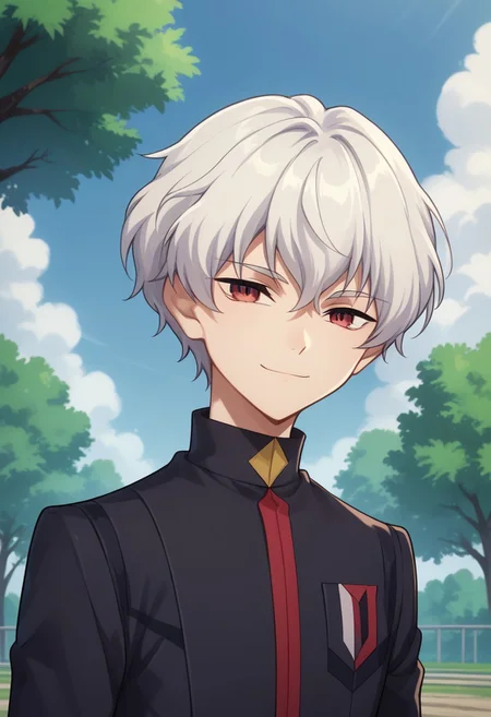 score_9, score_8_up, score_7_up, source_anime, highly detailed,
lusia, 1boy, male focus, solo, school uniform, white hair, smile, red eyes, looking at viewer, short hair, black jacket, long sleeves, upper body,
outdoor, sky, clouds, tree