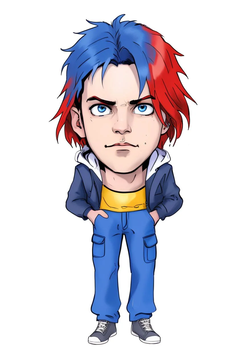 Duskfallcrew Art Style, solo, blue eyes, shirt, 1boy, white background, blue hair, jacket, male focus, open clothes, pants, hood, hair over one eye, red jacket, grimace, frustrated look, score_9_up, score_8_up, score_7_up, score_6_up, source_cartoon ,