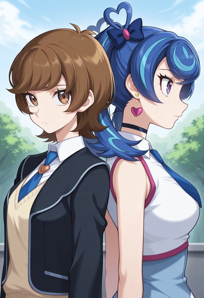 masterpiece,best quality,amazing quality, source_anime, 2girls, back-to-back,
AoiZaizen, 1girl, brown eyes, brown hair, short hair, school uniform, shirt, white shirt, collared shirt, necktie, blue necktie, cardigan, jacket, blazer, black jacket, open jacket, BREAK
1girl, blue angel outfit, purple eyes, blue hair, multicolored hair, hair bow, choker, twintails, earring, heart earrings, shirt, white shirt, sleeveless, necktie, blue necktie, BREAK
outdoor,