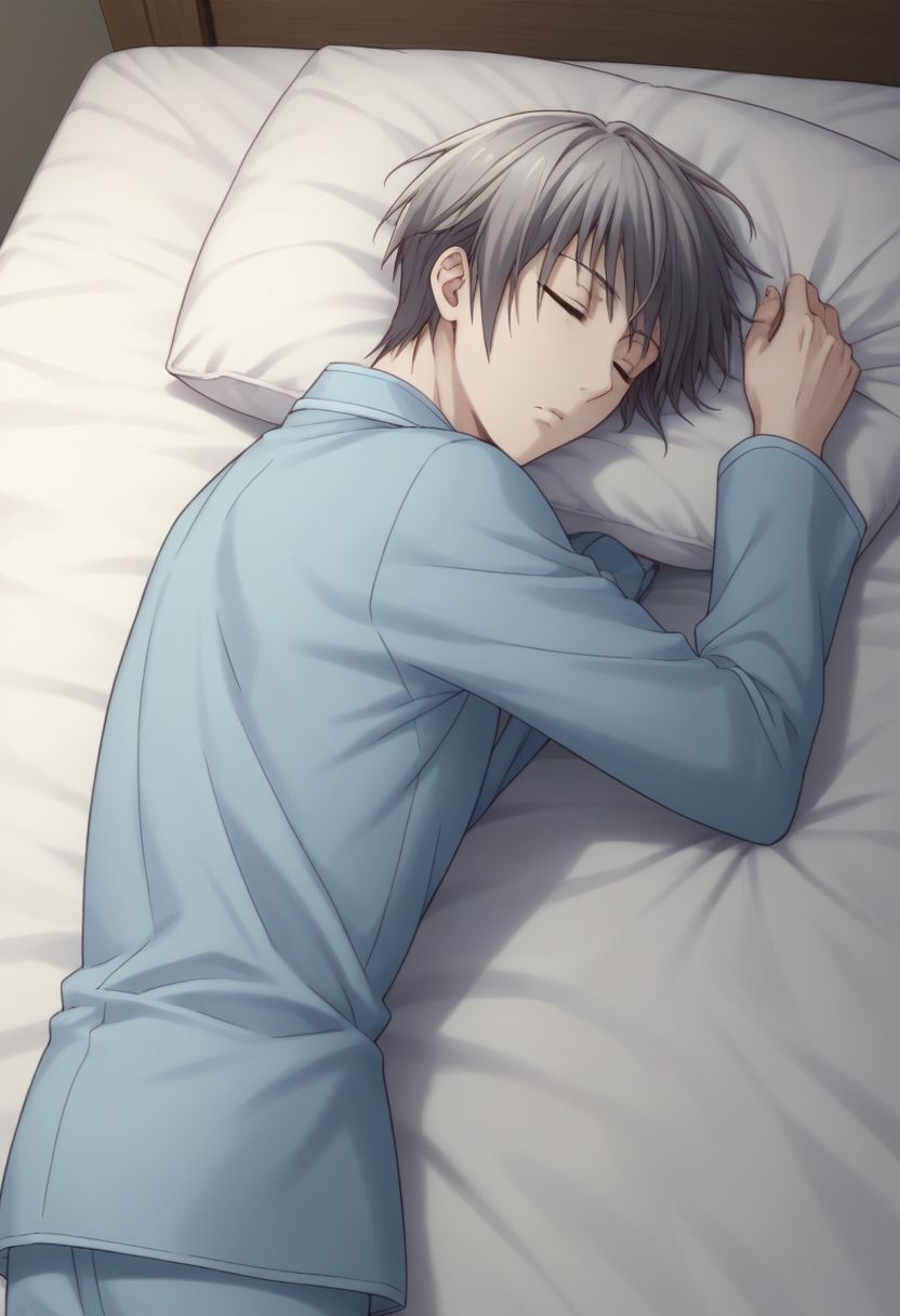 score_9, score_8_up, score_7_up, source_anime, highly detailed, 1boy, solo, male_focus, full body,
yuki_sohma, 1boy, indoor, male focus, solo, grey hair, grey eyes, pajama, 
bed, lying on bed, sheets, eyes closed, sleeping, sunsent, soft light, covered by sheets,