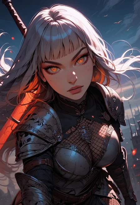 Score_9, Score8_up, Score_7_up, (((High Resolution, Best Quality))), 
1girl, beautiful, breasts, battle scarred, damaged armor, fishnets under armor, bangs, long hair, plated armour, holding greatsword, battle stance, dynamic angle, ancient fantasy city, battle-ready stance, dynamic pose, at night, moonlight, riding a nimbus cloud, nimbus, directional lighting, viewed from above,
beautiful eyes, detailed eyes, perfect eyes, orange eyes, beautiful eyes, looking at viewer, extreme foreshortening,