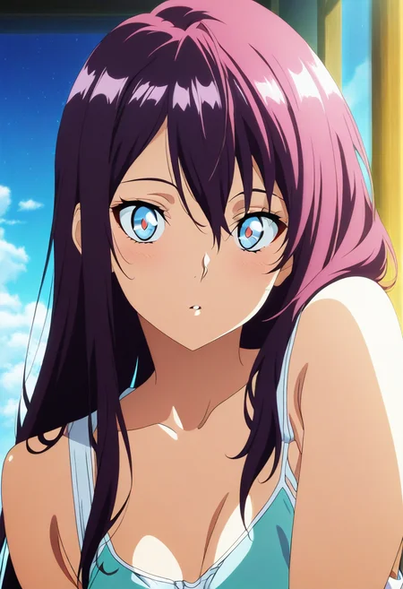 1girl, solo, straight_hair, from front, looking at viewer, <lora:v0101_shoulder_to_cheek-000005:1.2>, shoulder_to_cheek, anime coloring, masterpiece, best quality, Ultra detailed, super detailed skin, beautiful detailed eyes, extremely detailed face, extremely detailed hair, sleek hair, collarbone, breasts, clothes, waist, cleavage, bare shoulders,