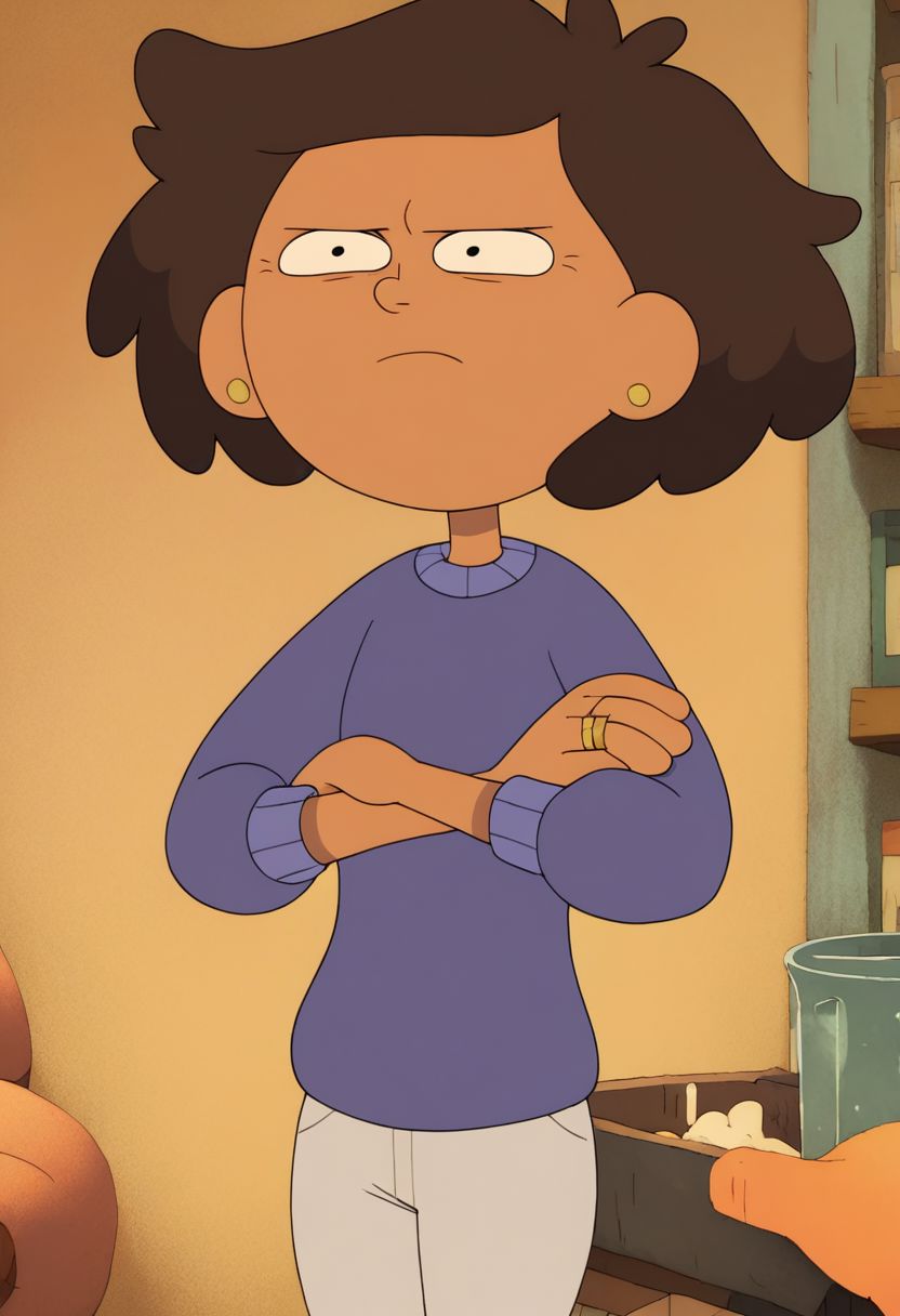 score_9, score_8_up, score_7_up, 1girl, mrs boonchuy, solo, brown hair, short hair, sweater, ring, pants, arms crossed,  living room
