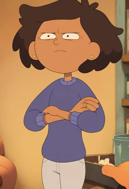 score_9, score_8_up, score_7_up, 1girl, mrs boonchuy, solo, brown hair, short hair, sweater, ring, pants, arms crossed, living room