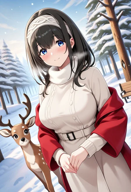 masterpiece, best quality, newest, absurdres, highres, anime,
fumika sagisawa, blue eyes, black hair, long hair, large breasts,
blush, smile,
winter clothes,
1girl, solo,
outdoors, winter,
Animal Christmas, cute animal, deer,
dutch angle,