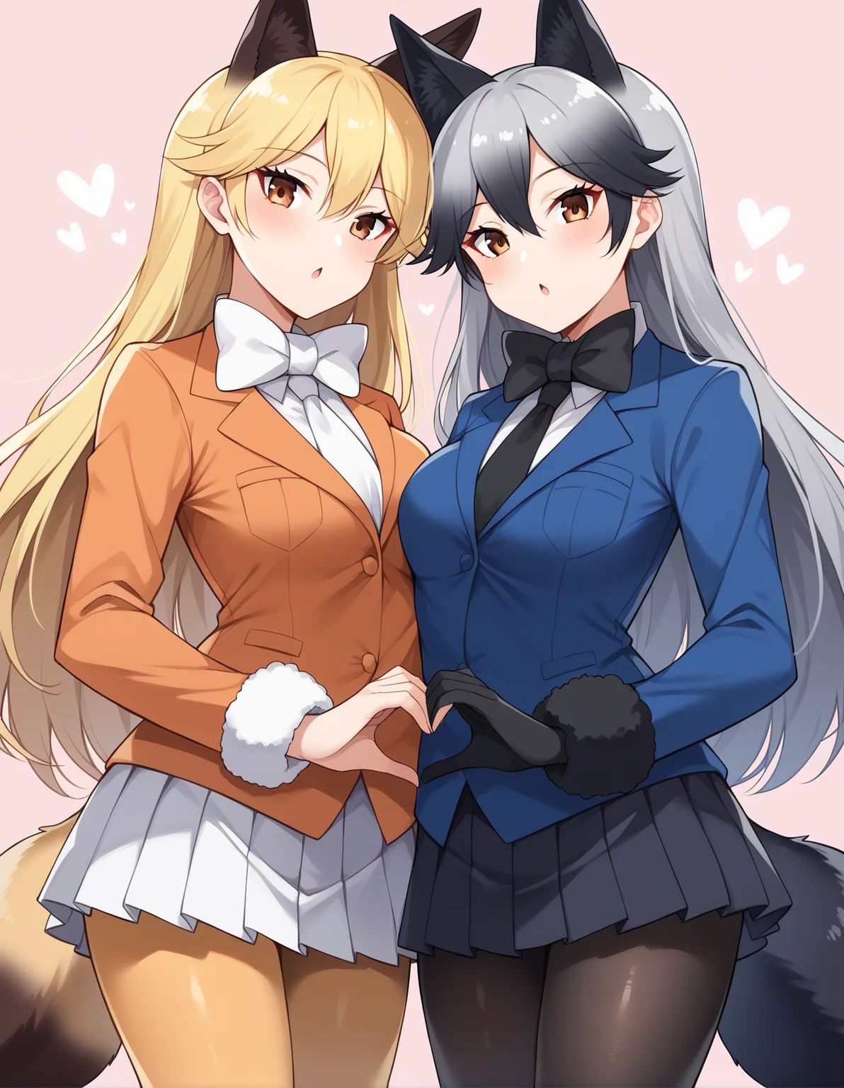 score_9, score_8_up, score_7_up, source_anime, rating_safe, 2girls, BREAK <lora:doubleFoxXL_LoRA-C3Lier_AdamW_Dim16_Alpha16_UN-3e-4_TE-1.5e-4_10batch_ponyDiffusionV6XL_v6StartWithThisOne>, silver fox \(kemono friends\), fox ears, grey hair, long hair, brown eyes, fox tail, black tail, medium breasts, black bowtie, blue jacket, long sleeves, black gloves, fur trim, black bow, black necktie, (black skirt:1.25), pleated skirt, black pantyhose, gradient legwear
BREAK ezo red fox \(kemono friends\), blonde hair, orange jacket, long sleeves, white bow, (yellow necktie:1.1), fur trim, white skirt, pleated skirt, yellow pantyhose, looking down, facing down, chestnut mouth, blush, tail raised, heart hands duo, looking at viewer, head tilt, dutch angle, simple background, pink background, heart