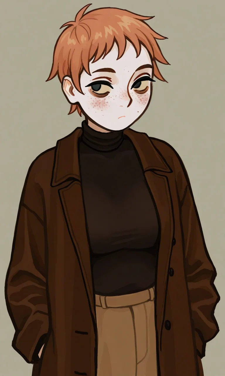 0waxio, 1girl, Lera, short hair, turtleneck, open coat,