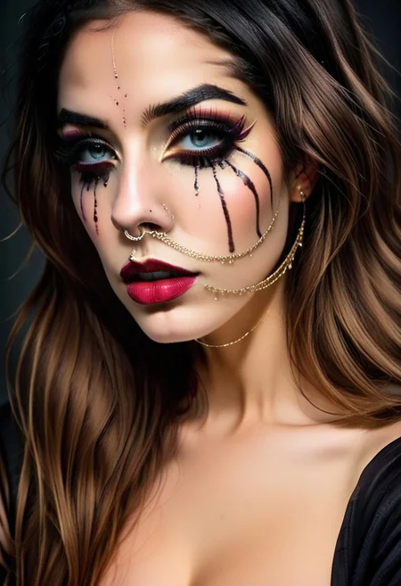 concept art, realistic, dark theme, low light. 1girl, solo, 18 years old.
Gorgeous sexy female. Beautiful feminine face, Long  hair. ((TearsMakeUp)).
((NoseToEar)).
(Big breast), (Round breast:1.2).