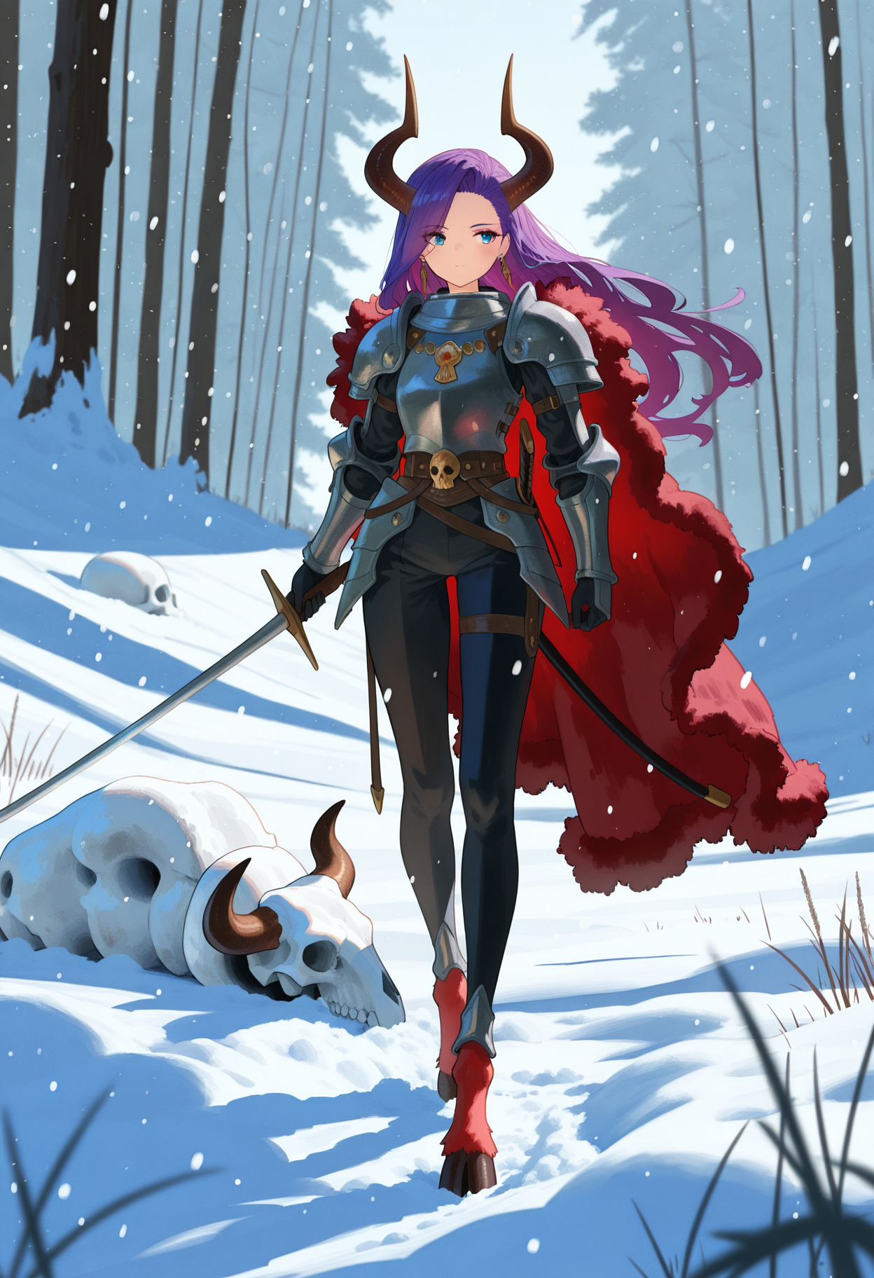 1girl, young girl, brown horns, long bull horns, golden amulet, blue eyes, purple hair, long hair,makeup, jewelry, earrings, red eyeshadows, long legs, hooves,
grey armor, skull, shoulder armor, solo, pauldrons, snow, holding sword, fur cape, snowing, fur trim, 
<lora:katajonytweetIL-style:1>, katajony tweet,,masterpiece,best quality,amazing quality,