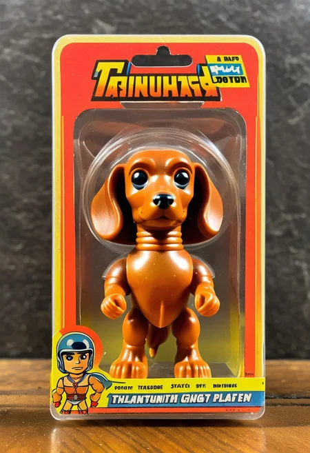 <lora:1987 Action Figure Playset Packaging:1>1987 Action Figure Playset Packaging - A product photo of a 1970s japanese toy translucent dachshund fighter figure in front of packaging