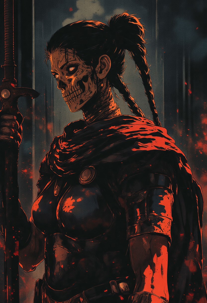 Female Roman soldier, skull face mask, in profile, toned arms, braided hair, battle damaged armor, large breasts, breast plate, dark and moody background, adds a dramatic tone, subtle lighting reflections, ray traced, foreshortening, Holding a sword,