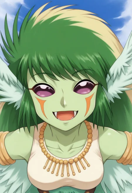 sscore_9, score_8_up, score_7_up, source_anime, anime illustration, masterpiece, best quality, lots of details, BREAK zPDXLx, mur4k4mi-ip, bakugan,ventus harpus,1girl,solo,green hair ,green skin,jewelry,colored skin,necklace,head wings,fangs,long hair ,open mouth,purple eyes,parody,facial mark ,wings,smile,harpy,bakugan (creature)