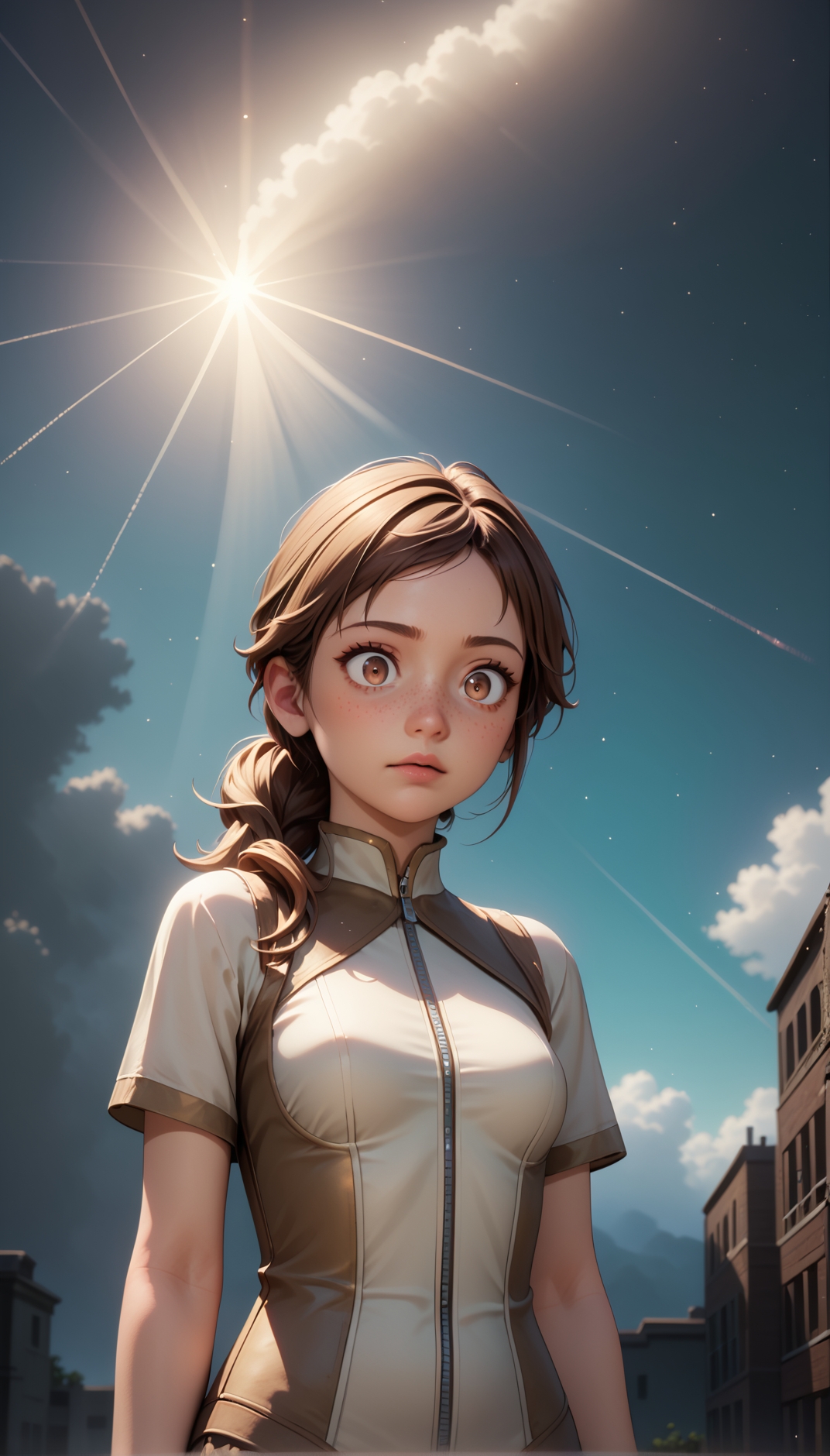 score_9, score_8_up, score_7_up,masterpiece,best quality,high quality,rating_safe,sfw,anime artwork,cinematic,very aesthetic,natural lighting,3d cartoon, 1girl french,hazel eyes,solo, (((young adult)),older),Zip-lining,stifled laugh, surprise face expression, long brown hair, pony tail hairstyle,kanzu,small breasts, detailed skin,intricate skin details, freckles:1.5, from below, group profile, starry background, silhouetted against the bright sky, detail shadow, detailed skin texture, natural skin, clean skin pores, highly detailed iris, highly detailed skin texture, perfect eyes,intricate details,extremely detailed, highly detailed, detailed,absurdres,Hires