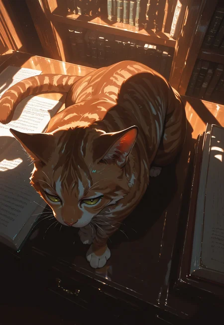 jitome, cat, tabby cat, from above, sitting, looking at viewer, on top of library desk, film grain, dynamic pose, close up, soft shadows, vivid, perspective, masterpiece, best quality, amazing quality, intricate detail, highly detailed, newest, highres, 8K, HDR, best quality, absurdres, dynamic composition, vibrant colors, foreshortening