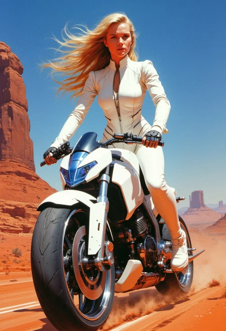 highly detailed and hyper realistic and dynamic.
Highly detailed and hyper realistic high-quality photograph of a stunning blonde woman with fair skin and a slender physique, dressed in a sleek, futuristic white neoprene bodysuit with subtle blue and chrome accents. She is riding a futuristic hover motorbike, which has no wheels and is flowing elegantly in the air with the power of electromagnetism. The futuristic hovercraft is pure white with chrome elements and has a very futuristic, elegant design. The backdraft is a desert landscape with red rock formations under a clear blue sky. The lighting is bright and even, highlighting her features and the suit's details. The camera angle is eye-level, emphasizing her poised and confident stance. The overall aesthetic is very high, blending sci-fi elements with realistic textures and colors.