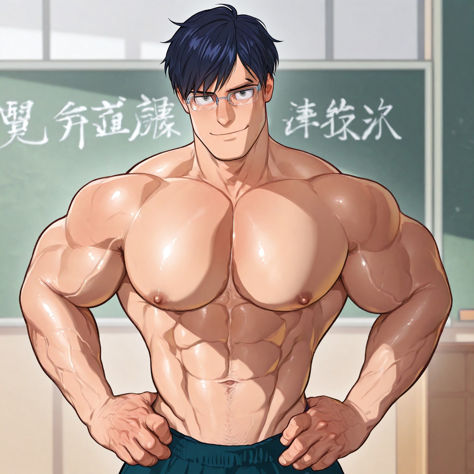 masterpiece, best quality, absurdres, newest, perfect quality, best quality, absolutely eye-catching, detailed background, intricate details, bara, 1boy, male, male focus, solo, dark blue hair, short hair, side part, grey eyes, grey glasses, thin eyebrows, teal pants, bara, muscular, large pectorals, large biceps, (((school uniform))), shirtless, looking at viewer, upper body, cowboy shot, hands on hips, smile, school scenery, very awa, best quality, absurdres, newest, perfect quality, detailed background, intricate details, (artist:rokudenashi:0.8), (artist:dizdoodz:0.7), (artist:gomtang:0.6)
