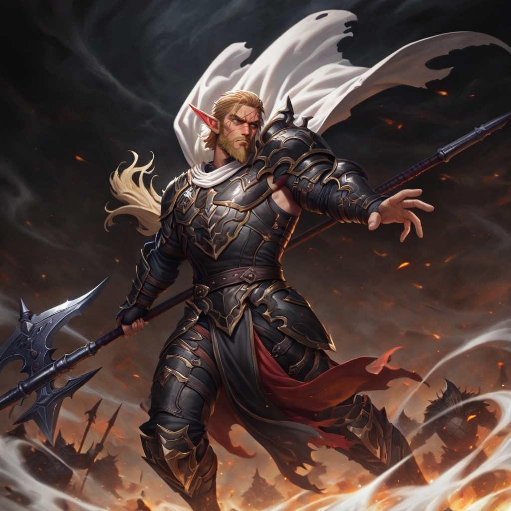 masterpiece, best quality, newest, absurdres, highres, 
D3-ART-V1.0, 
1boy, manly, elf, beard, muscular male, blonde, blonde hair, pointy ears, scar, scar on face, armor, cape, chestplate, chest armor, black armor, black leather, white cape,
dynamic pose, polearm, holding polearm, holding weapon, weapon, halberd, holding halberd