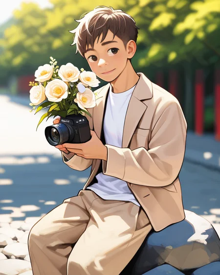 masterpiece, best quality, amazing quality, 1boy, solo, masterpiece, best quality, young man sitting on a rock, relaxed posture, casual outfit (beige jacket, white t-shirt, beige trousers), short dark hair, holding a small bouquet of flowers, slight smile, looking at the camera, outdoor setting, blurred background with architecture, candid lifestyle photography, shallow depth of field, bright and even lighting, sunny day, volumetric lighting, breeze style
<lora:Bree_Style_Hv2:1>