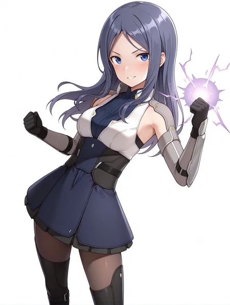 masterpiece,best quality,newest,
1girl,solo,
<lora:kanade_ilxl_v1.6:1>,kanade,blue eyes,blue hair,long hair,
talaria,elbow gloves,skirt,pantyhose,knee boots,black footwear,purple electricity,magic,fist,clenched fist,
<lora:Fixhands_anime_bdsqlsz_V1:1>,dynamic_angle,cinematic_angle,looking_at_viewer,standing,posing,simple_background,white_background,upper_body,face_focus,light_blush,parted lips,smirk,