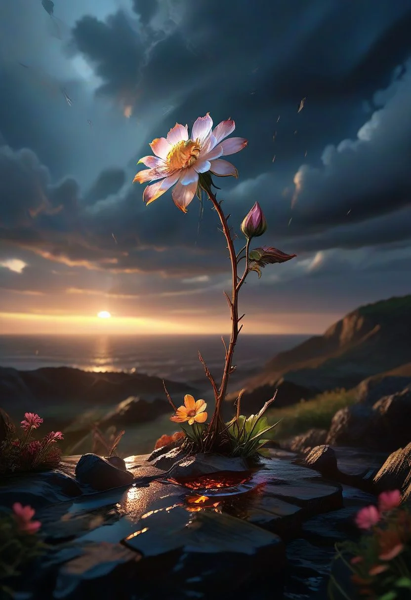 concept art Under a perpetually stormy sky, in a realm where darkness reigns supreme, a single, bright, lonely light pierces the blackness, emanating from a lone glowing flower at the edge of a cliff. This flower, with petals that radiate a soft, golden light, stands as the last beacon of hope in a world consumed by sadness and ruin. The landscape below is a desolate expanse of cracked earth and dead vegetation, stretching into the horizon under the weight of eternal twilight. The flower's glow casts long, dramatic shadows, illuminating the tears in the earth and the remnants of a forgotten past. This poignant image tells a story of resilience, where even in the depths of despair, a spark of light can bring a sense of hope and beauty. digital artwork, illustrative, painterly, matte painting, highly detailed