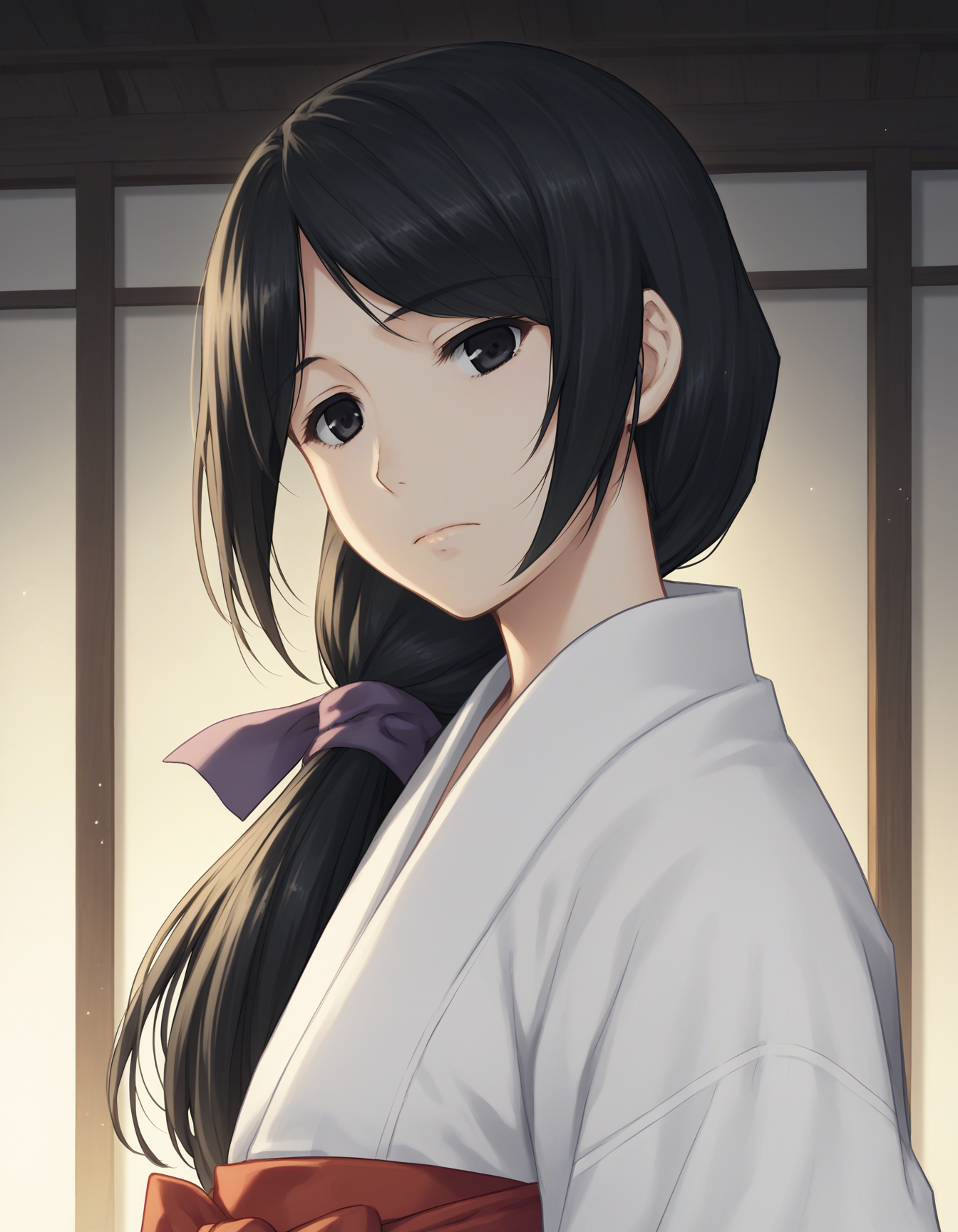 score_9, score_8_up, score_7_up BREAK 1girl, solo, shigusa saya, black hair, low ponytail, hair over shoulder, black eyes, expressionless, closed mouth, hair ribbon, purple ribbon, miko, white kimono, red hakama, portrait, outdoor, japanese shrine, dark theme, low light <lora:shigusa_saya_pdxl_v1:0.8>
