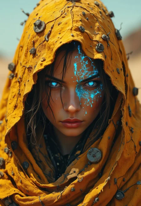 A captivating cinematic close-up of a mysterious, hooded figure set against a warm and muted desert landscape. The figure's sand-colored cloak is adorned with rugged fabric textures and hints of metallic elements peeking from beneath the hood. Their intense, otherworldly expression is framed by a dusty veil, amplifying the gritty, dystopian atmosphere. The figure's eyes glow with an eerie blue light, surrounded by intricate neon blue circuitry patterns that blend ancient and futuristic aesthetics. The background exudes a vibrant, desert-like ambiance, with the air of a forgotten, post-apocalyptic world