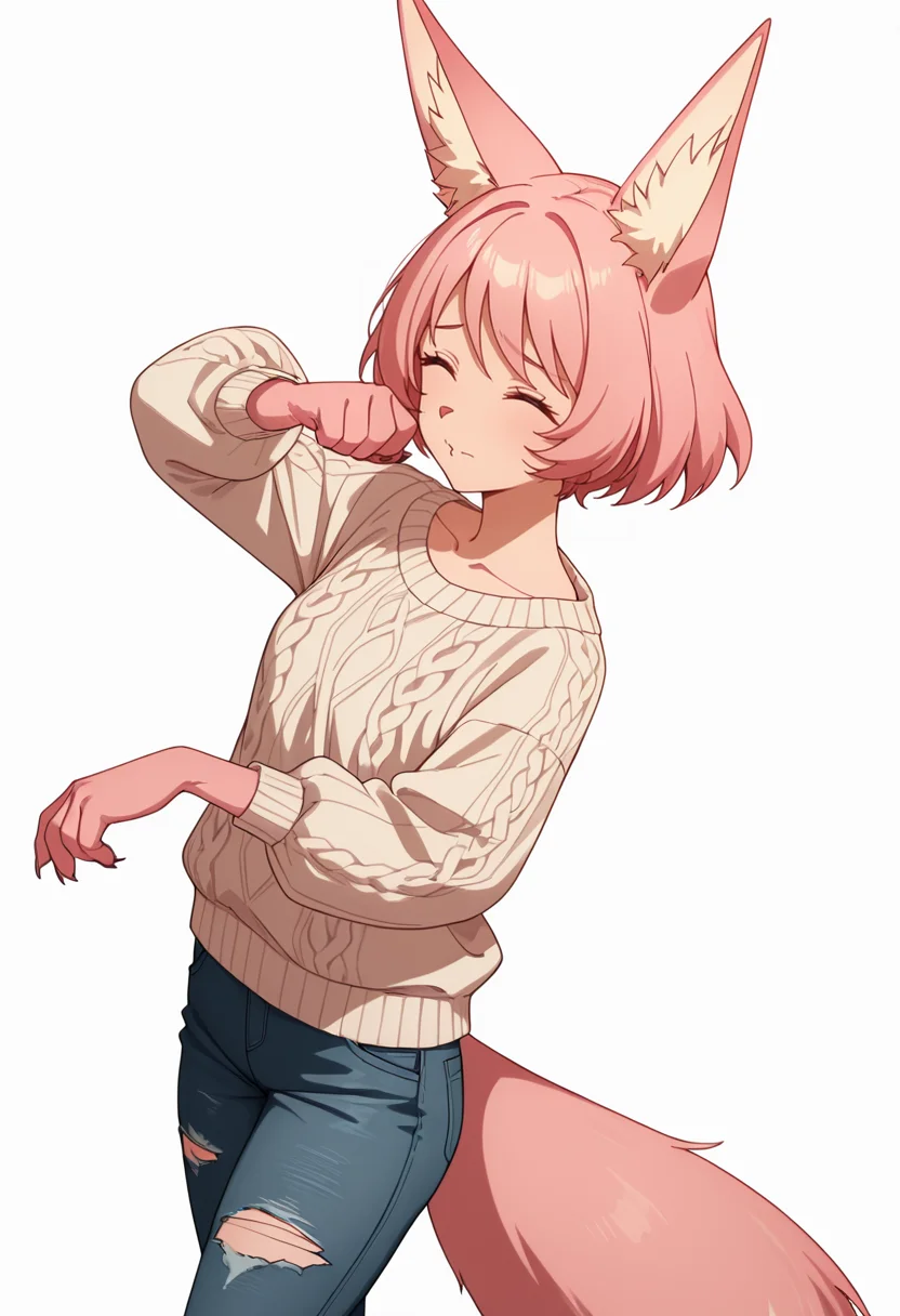 Smooth Quality,masterpiece,very intricate, high quality details, ultra realistic, high detailed skin,detailed enviorement,absurdres,
simple background, white background, dancing, solo,sideways,
<lora:Til_CNR:0.8> til_cnr, 1girl,pink hair, short hair, bangs, red eyes, animal ears, fox ears, animal ear fluff, fox tail, furry female, animal hands, claws,, worried,, ^ ^,, sweater, ,turtle neck, ,ripped jeans, ,