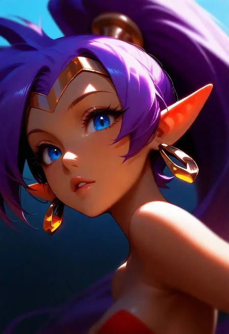 1girl, shantae, tan skin, lips, thin lips, parted lips, solo, looking at viewer, upper body, depth of field, masterpiece, best quality, very aesthetic, dynamic angle, dynamic pose