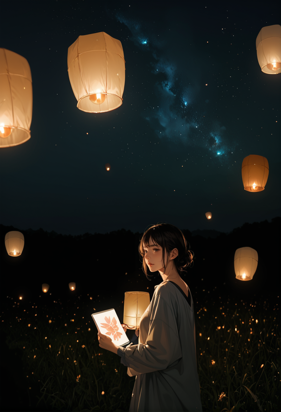 ,ruanyi0799,lantern,glowing,night sky,<lora:0799 Kongming lantern_v1_pony:1>, score_9,score_8_up,score_7_up,,8k,1girl,solo,,