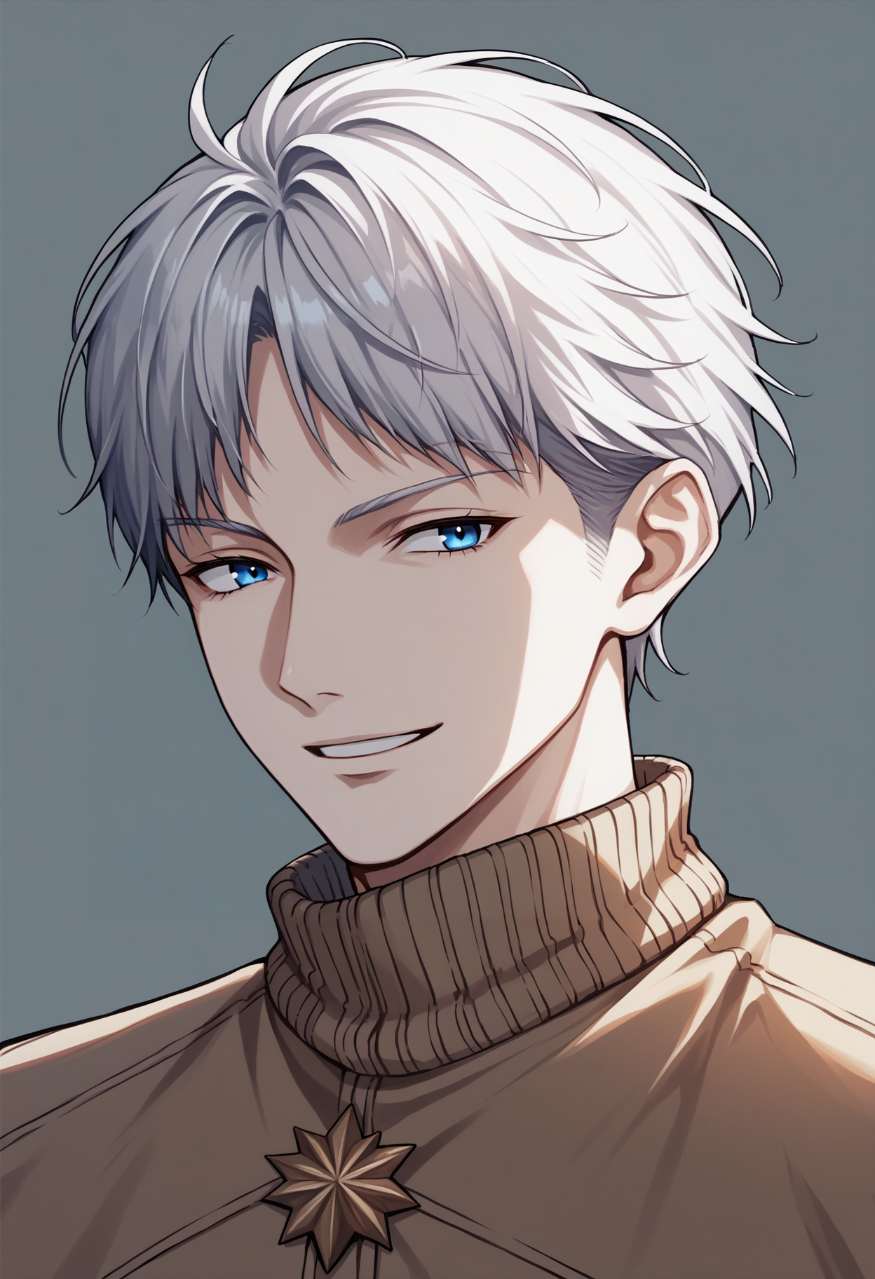 score_9, score_8_up, score_7_up, source_anime BREAK 1boy, solo, male focus, <lora:johan-nikke-richy-v1_pdxl:1> johan, blue eyes, white hair, short hair, turtleneck sweater, smile, parted lips,