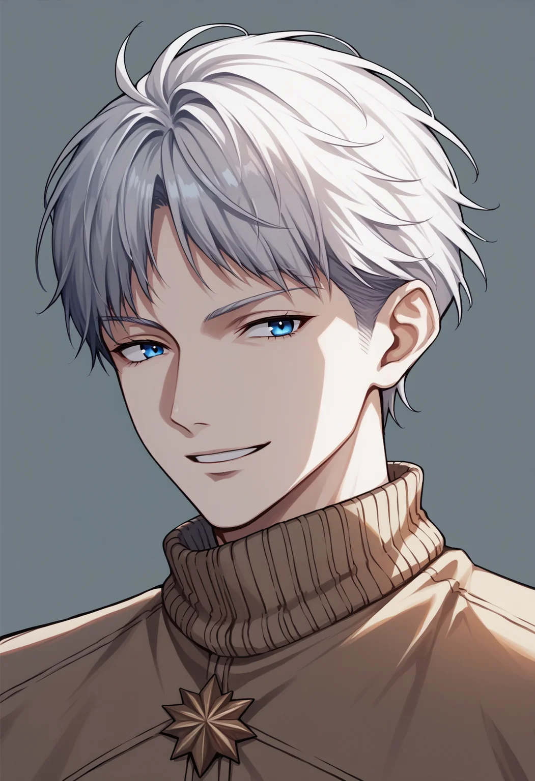 score_9, score_8_up, score_7_up, source_anime BREAK 1boy, solo, male focus, <lora:johan-nikke-richy-v1_pdxl:1> johan, blue eyes, white hair, short hair, turtleneck sweater, smile, parted lips,
