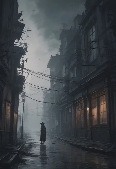 scenery, outdoor, masterpiece, best quality, ultra-detailed, (anime style), hires, dark fantasy, eerie atmosphere, uncultivated, loneliness, thriller theme, fog