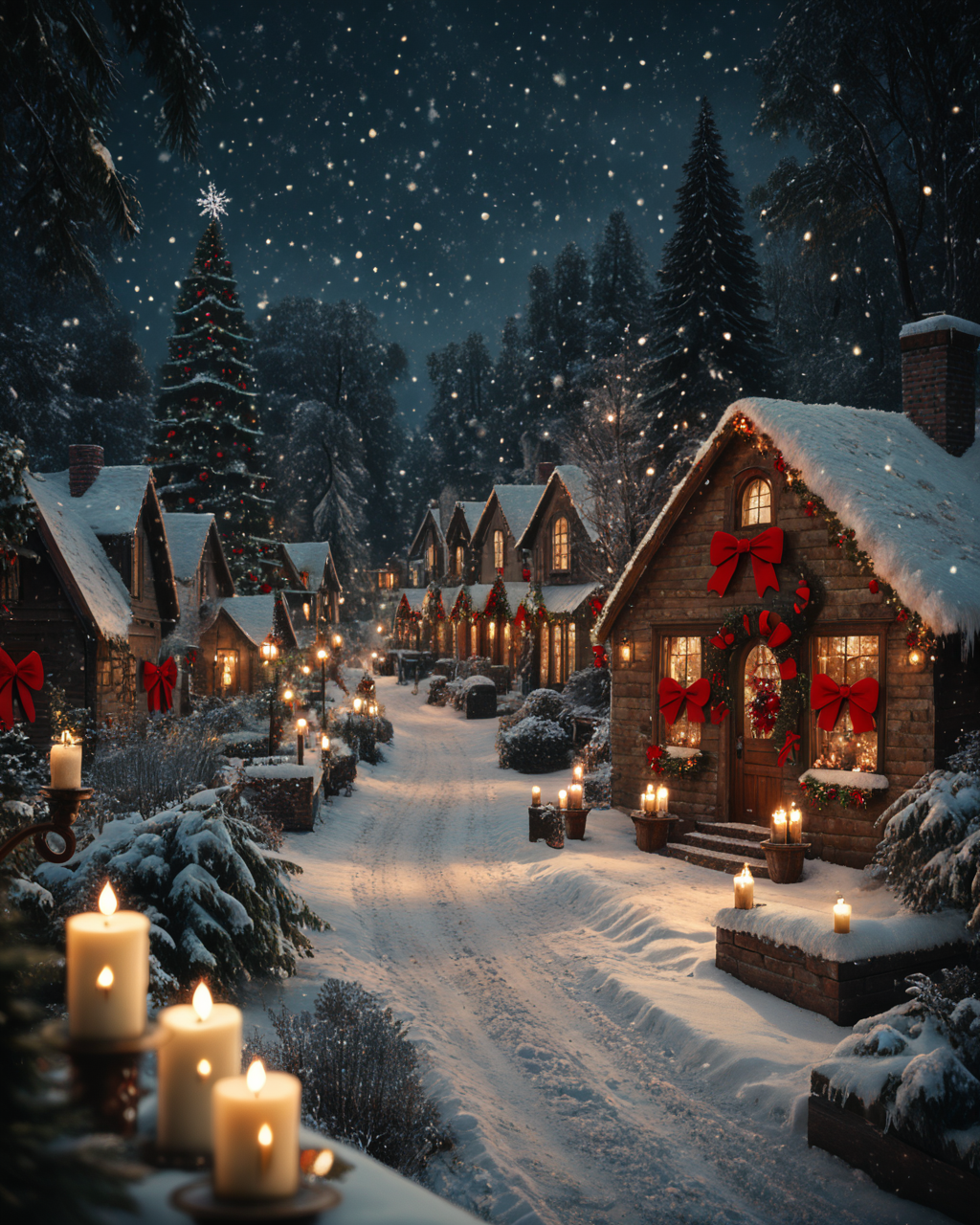 score_6_up,score_5_up,score_4_up, masterpiece, best quality, very aesthetic, life-like, depth of field, detailed textures, bright colors, natural light, ultra HD, fine details, soft background blur, 
<lora:Wolvies_Christmas_Village_STYLE_v241215.0040:1> xmas_village, holiday, Christmas, scenery, night, winter, Christmas tree, lamppost, style of Thomas Kinkade, a Victorian village at Christmas time, falling snow, glittering lights, cozy, candle light windows, holiday bows, tilt shift photography, realistic, depth of field