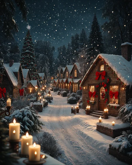 score_6_up,score_5_up,score_4_up, masterpiece, best quality, very aesthetic, life-like, depth of field, detailed textures, bright colors, natural light, ultra HD, fine details, soft background blur,
<lora:Wolvies_Christmas_Village_STYLE_v241215.0040:1> xmas_village, holiday, Christmas, scenery, night, winter, Christmas tree, lamppost, style of Thomas Kinkade, a Victorian village at Christmas time, falling snow, glittering lights, cozy, candle light windows, holiday bows, tilt shift photography, realistic, depth of field